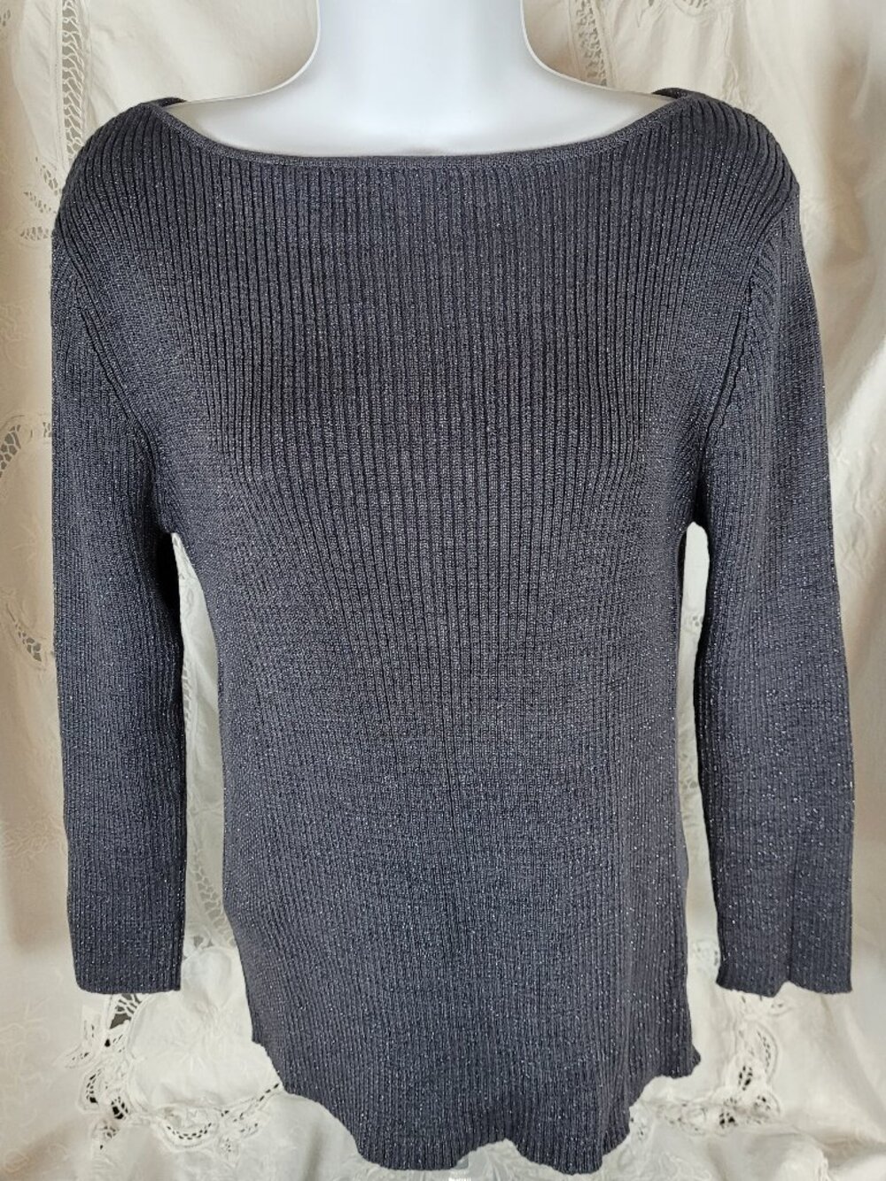 Womens L Metallic Grey Sweater Jones New York Sport Pullover Stretchy Boatneck